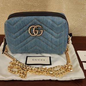 NWOT Gucci Blue Marmont Denim Pearl Pouch Bag